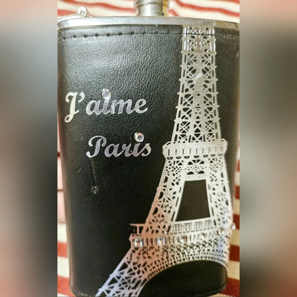 J'aime Paris Stainless Steel 5oz Flask Eiffel Tower Rhinestones 4.5